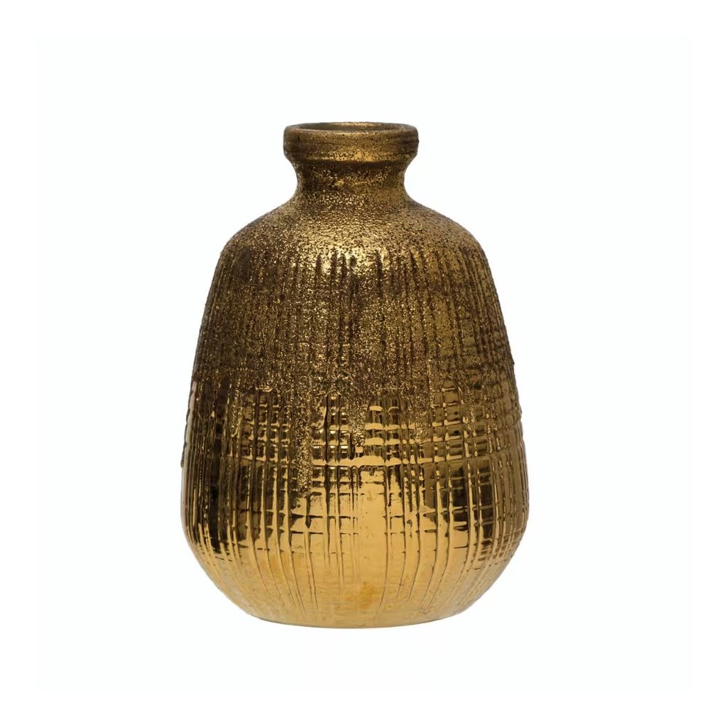 Creative Co-Op 8" Gold Textured Terracotta Vase with Lines / NWOT